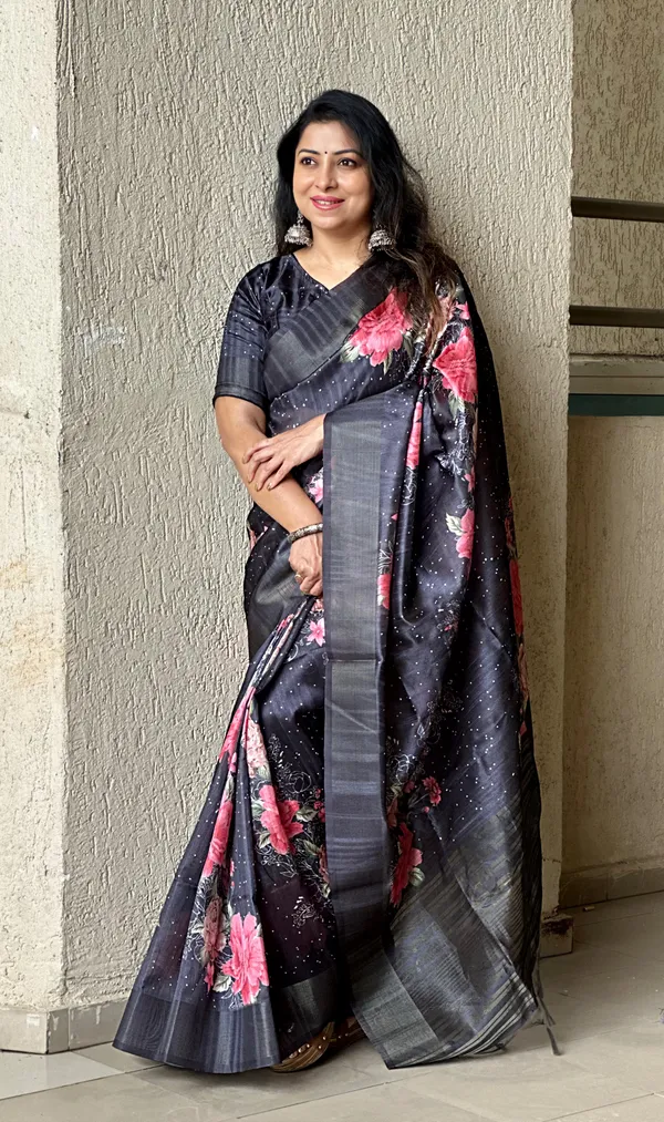 Tanisha_Black_–_Aesthetic_Edit_for_You_|_Soft_Tussar_Silk_Saree_with_Print,_Pallu_&_Zari_Border_&_Contrast_Print_Blouse_with_Tassels