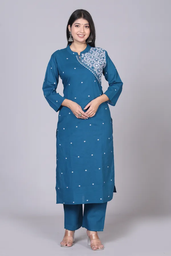 Light_Blue_Cotton_Blend_Regular_Kurta_|_Push_Premium_For_Women