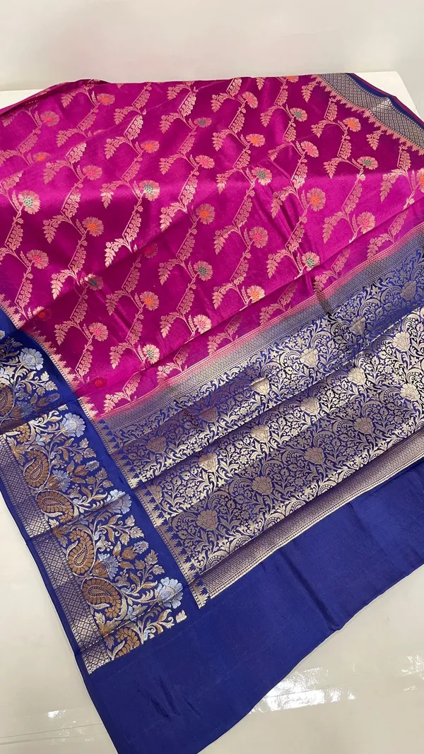 Humairah_Pure_Handloom_Magenta_Dupion_Silk_Floral_Mina_Jaal_with_Contrast_Indigo_Blue_Silver_Mina_Golden_Skirt_Border_and_Indigo_Blue_Blouse