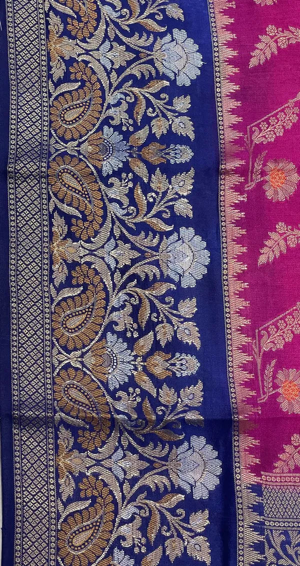 Humairah_Pure_Handloom_Magenta_Dupion_Silk_Floral_Mina_Jaal_with_Contrast_Indigo_Blue_Silver_Mina_Golden_Skirt_Border_and_Indigo_Blue_Blouse
