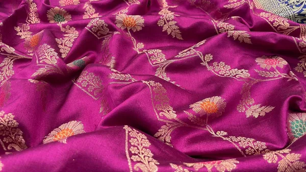 Humairah_Pure_Handloom_Magenta_Dupion_Silk_Floral_Mina_Jaal_with_Contrast_Indigo_Blue_Silver_Mina_Golden_Skirt_Border_and_Indigo_Blue_Blouse