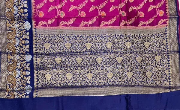 Humairah_Pure_Handloom_Magenta_Dupion_Silk_Floral_Mina_Jaal_with_Contrast_Indigo_Blue_Silver_Mina_Golden_Skirt_Border_and_Indigo_Blue_Blouse