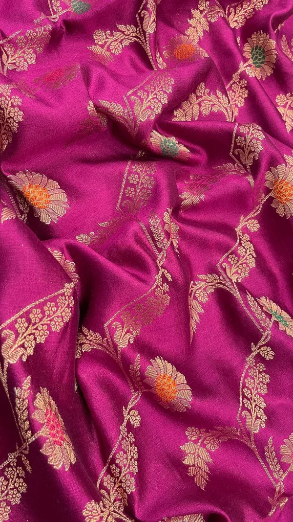 Humairah_Pure_Handloom_Magenta_Dupion_Silk_Floral_Mina_Jaal_with_Contrast_Indigo_Blue_Silver_Mina_Golden_Skirt_Border_and_Indigo_Blue_Blouse