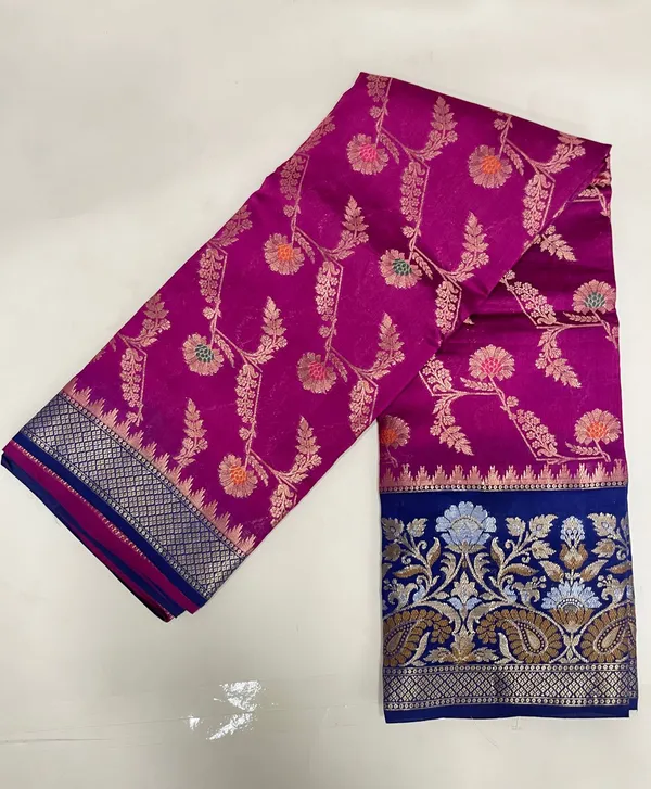 Humairah_Pure_Handloom_Magenta_Dupion_Silk_Floral_Mina_Jaal_with_Contrast_Indigo_Blue_Silver_Mina_Golden_Skirt_Border_and_Indigo_Blue_Blouse