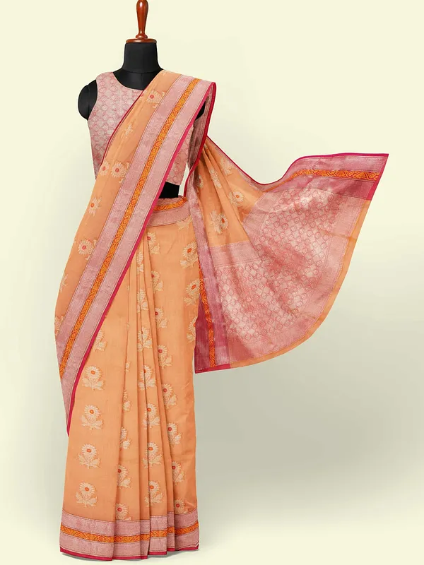Orange_Cotton_Blend_Banarasi_Sarees_For_Women
