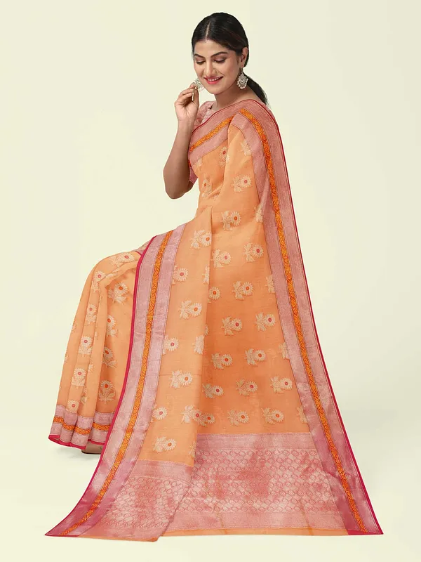Orange_Cotton_Blend_Banarasi_Sarees_For_Women