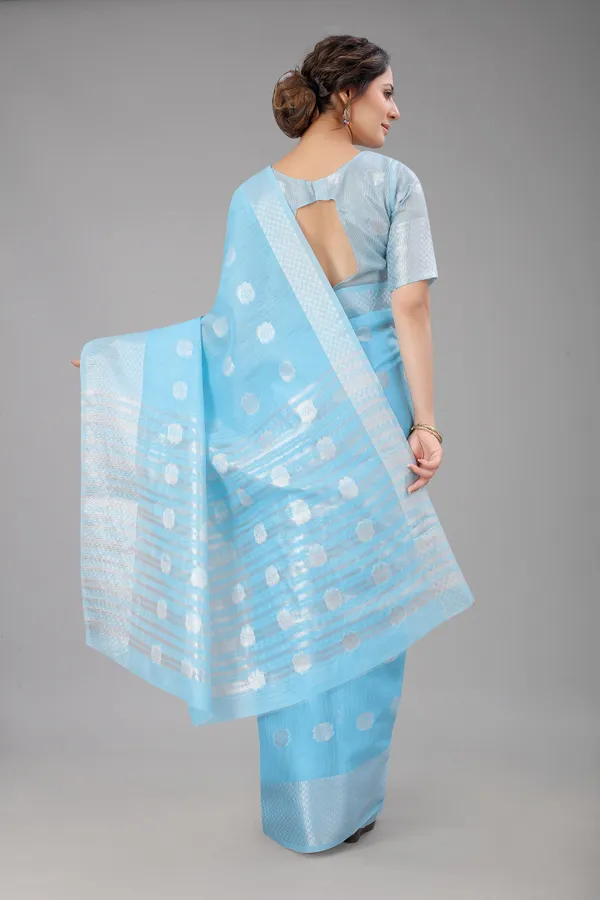 Sky_Pure_Soft_Linen_Saree_With_Silver_Zari_Butta_For_Women