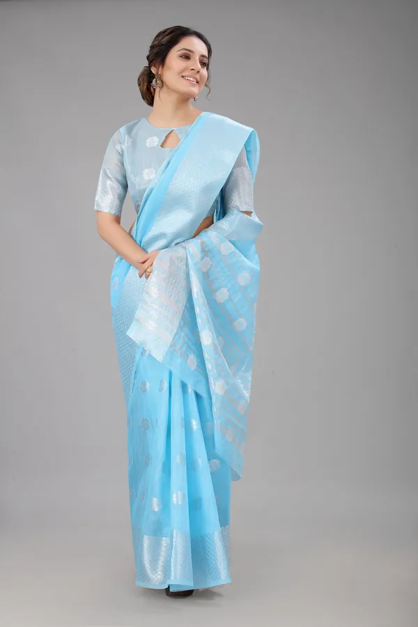 Sky_Pure_Soft_Linen_Saree_With_Silver_Zari_Butta_For_Women