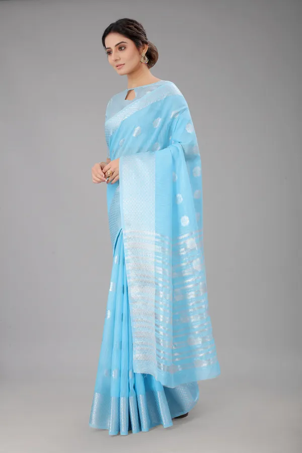 Sky_Pure_Soft_Linen_Saree_With_Silver_Zari_Butta_For_Women