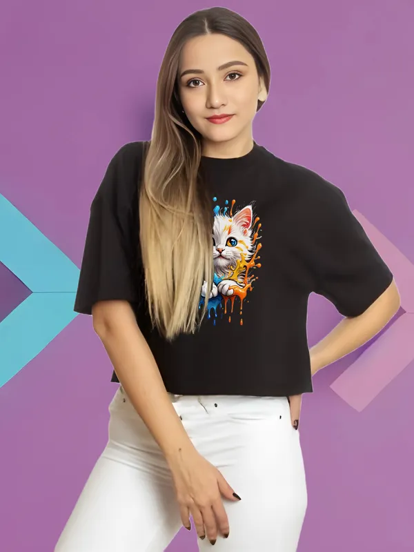 Black_Baby_Kitten_Printed_Crop_Oversized_T-Shirt_For_Women