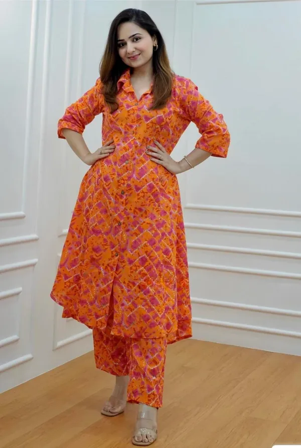 Orange_Viscous_rayon_Pinted_Half_Sleeve_Kurta_&_Pent_Set