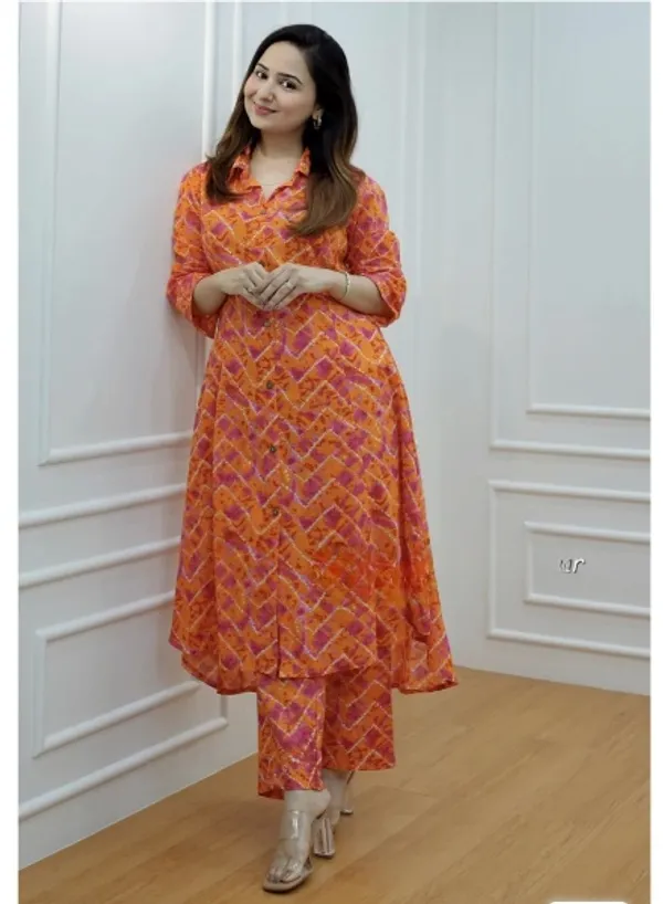 Orange_Viscous_rayon_Pinted_Half_Sleeve_Kurta_&_Pent_Set