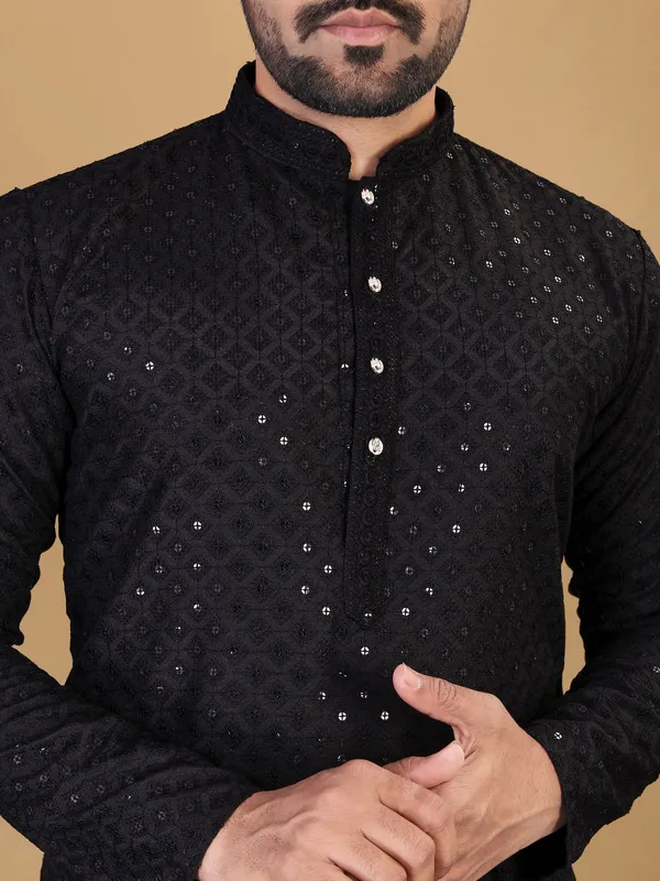 Elegant_Black_Cotton_Rayon_Kurta_Sets_For_Men