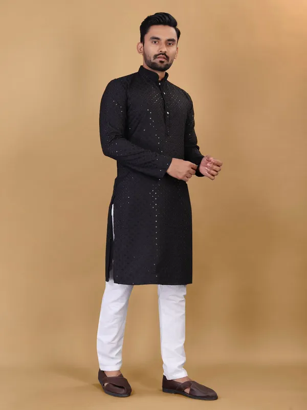Elegant_Black_Cotton_Rayon_Kurta_Sets_For_Men