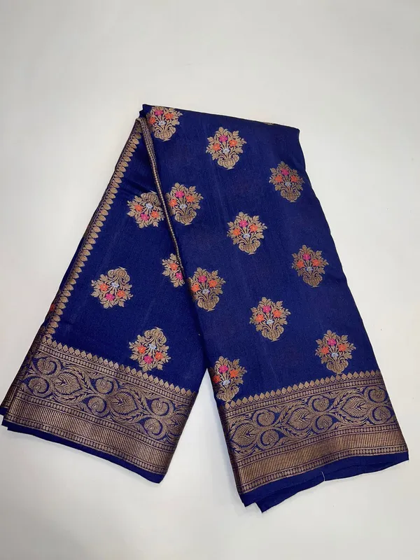 Humairah_Pure_Handwoven_Navy_Blue_Muga_Silk_Floral_Minakari_Zari_Boota_with_Small_Zari_Border_Banarasi_Saree_with_Navy_Blue_Blouse_piece