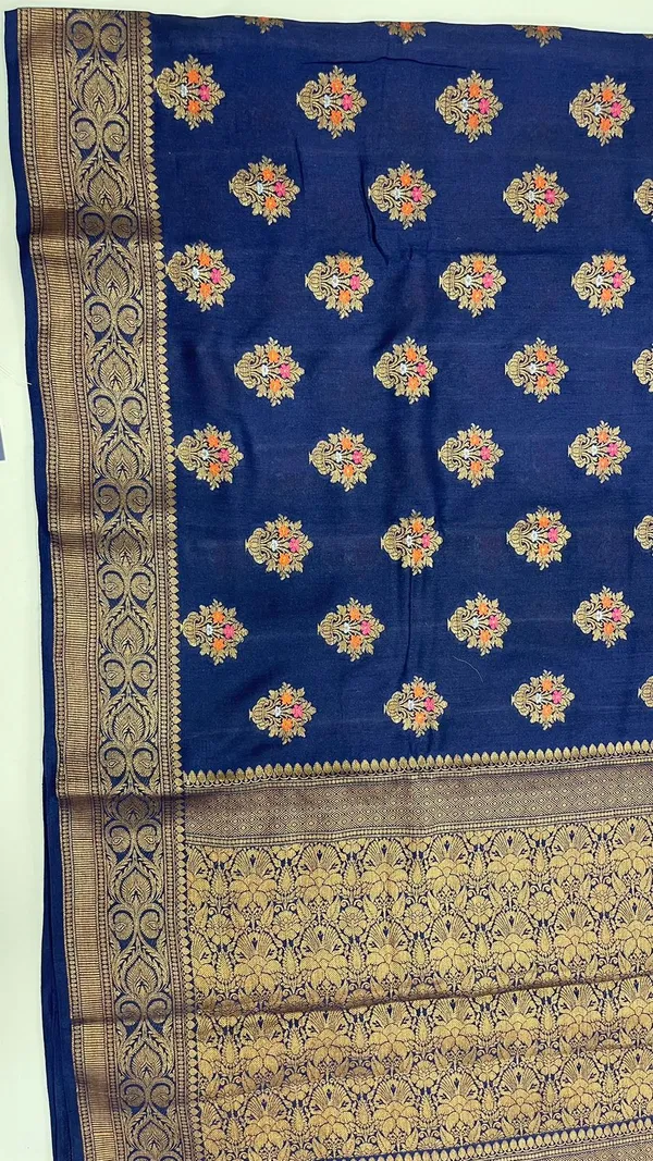 Humairah_Pure_Handwoven_Navy_Blue_Muga_Silk_Floral_Minakari_Zari_Boota_with_Small_Zari_Border_Banarasi_Saree_with_Navy_Blue_Blouse_piece