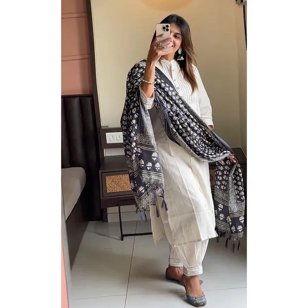 Cream_Khadi_Cotton_Kurti_Set_With_Dupatta_For_Women