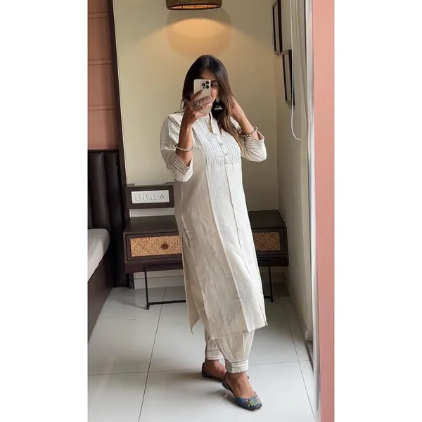 Cream_Khadi_Cotton_Kurti_Set_With_Dupatta_For_Women