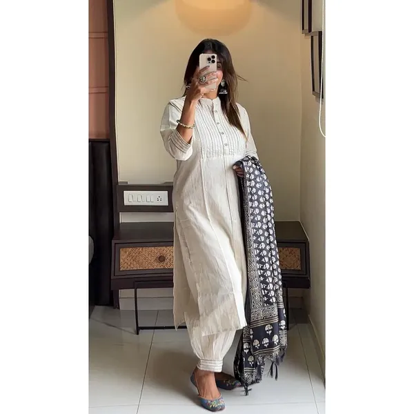 Cream_Khadi_Cotton_Kurti_Set_With_Dupatta_For_Women