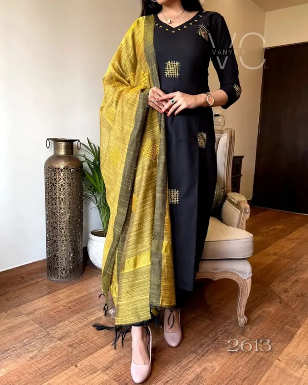 Black_Embroidered_Cotton_Black_Kurta_and_Pant_Set_with_Silk_Thread_Work_Dupatta