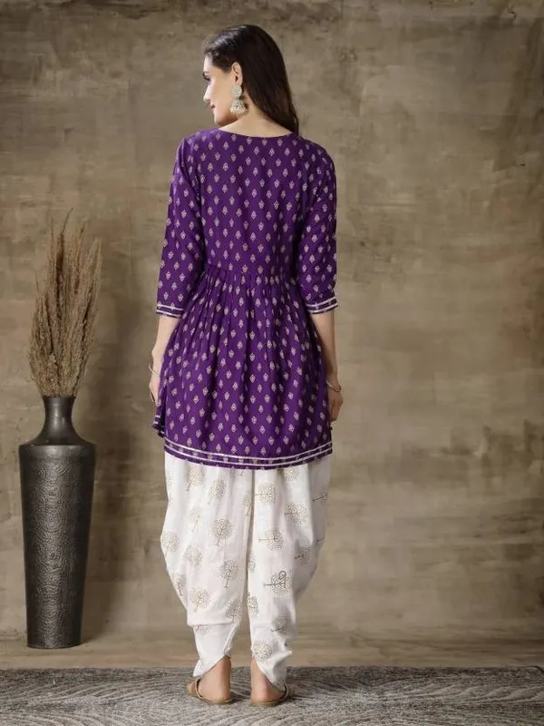 Purple_Ethnic_Motifs_Printed_Empire_Gotta_Patti_Kurti_with_Dhoti_Pant_For_Women