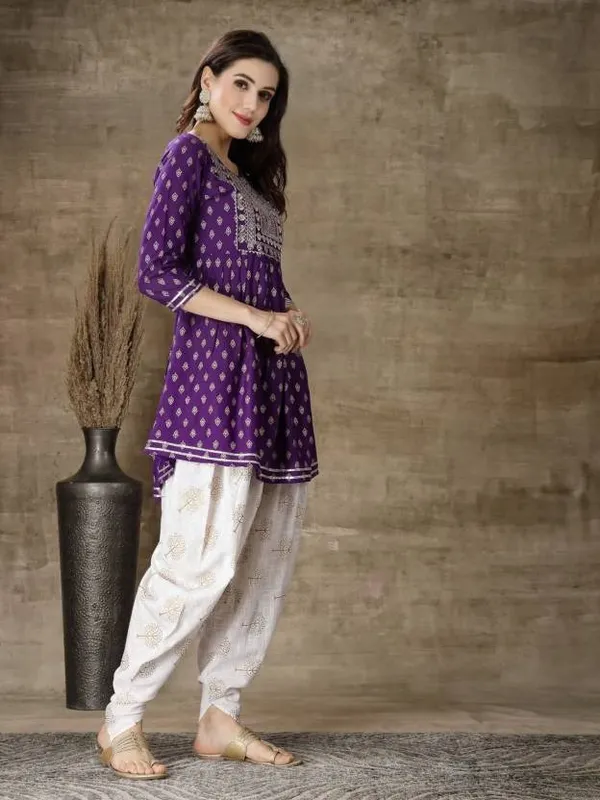 Purple_Ethnic_Motifs_Printed_Empire_Gotta_Patti_Kurti_with_Dhoti_Pant_For_Women