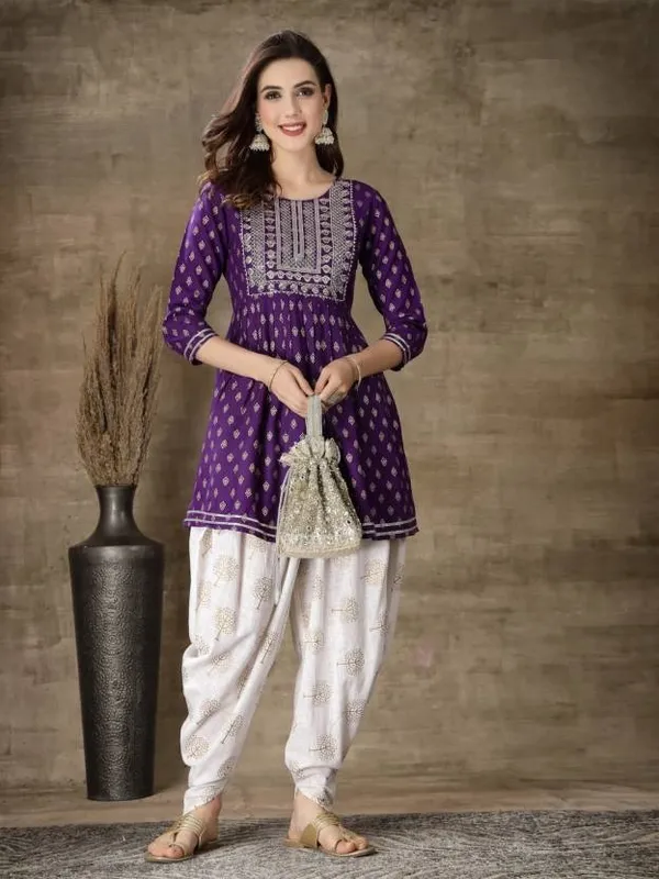 Purple_Ethnic_Motifs_Printed_Empire_Gotta_Patti_Kurti_with_Dhoti_Pant_For_Women