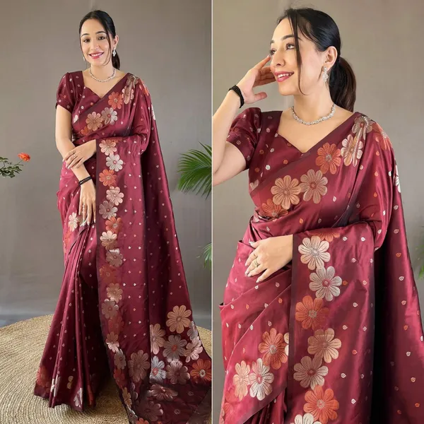 Maroon_Soft_Silk_Saree_With_Blouse_Piece_For_Women