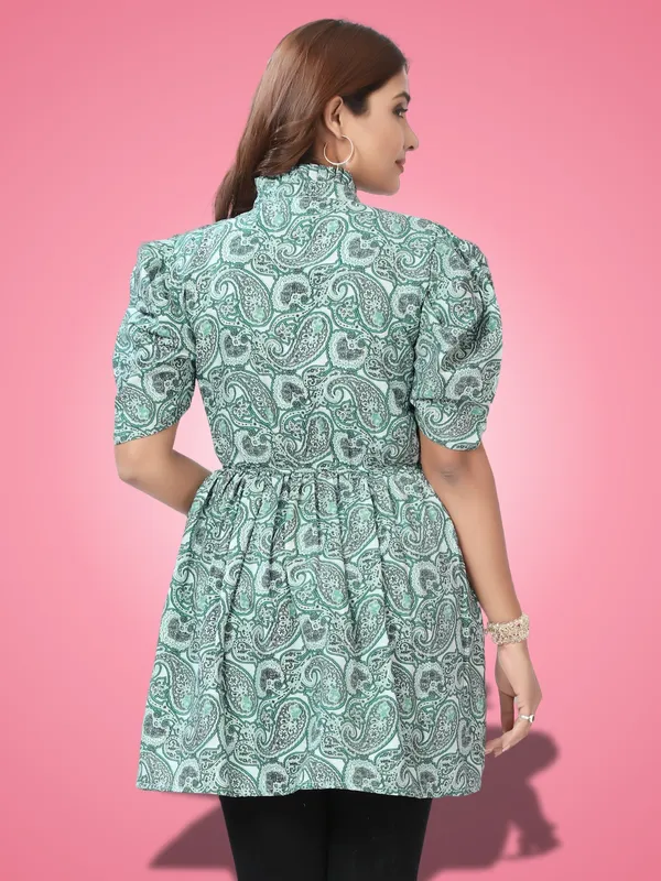 Green_Crepe_Floral_Solid_Casual_Wear_Western_Ruffle_Neck_Tops
