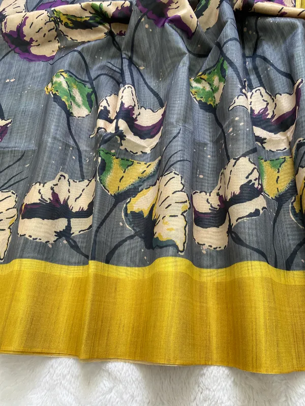 Saraswati_Grey_–_Divine_Wisdom_Aesthetic_Edit_for_You_|_Soft_Tussar_Silk_Saree_with_Print,_Border_&_Contrast_Print_Blouse_with_Tassels