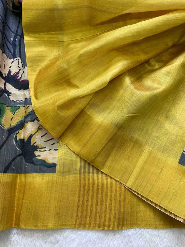 Saraswati_Grey_–_Divine_Wisdom_Aesthetic_Edit_for_You_|_Soft_Tussar_Silk_Saree_with_Print,_Border_&_Contrast_Print_Blouse_with_Tassels