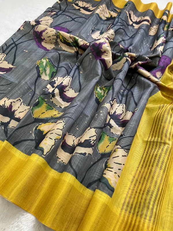 Saraswati_Grey_–_Divine_Wisdom_Aesthetic_Edit_for_You_|_Soft_Tussar_Silk_Saree_with_Print,_Border_&_Contrast_Print_Blouse_with_Tassels