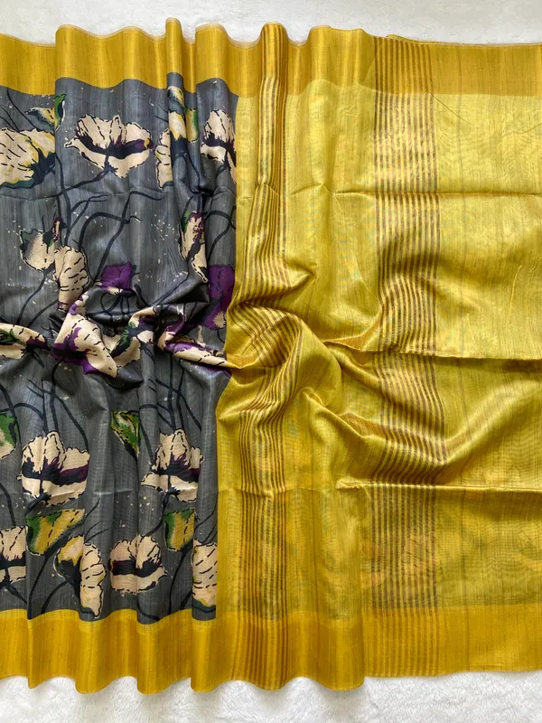 Saraswati_Grey_–_Divine_Wisdom_Aesthetic_Edit_for_You_|_Soft_Tussar_Silk_Saree_with_Print,_Border_&_Contrast_Print_Blouse_with_Tassels
