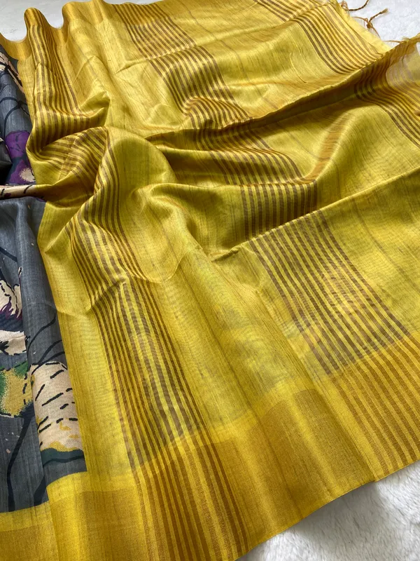 Saraswati_Grey_–_Divine_Wisdom_Aesthetic_Edit_for_You_|_Soft_Tussar_Silk_Saree_with_Print,_Border_&_Contrast_Print_Blouse_with_Tassels