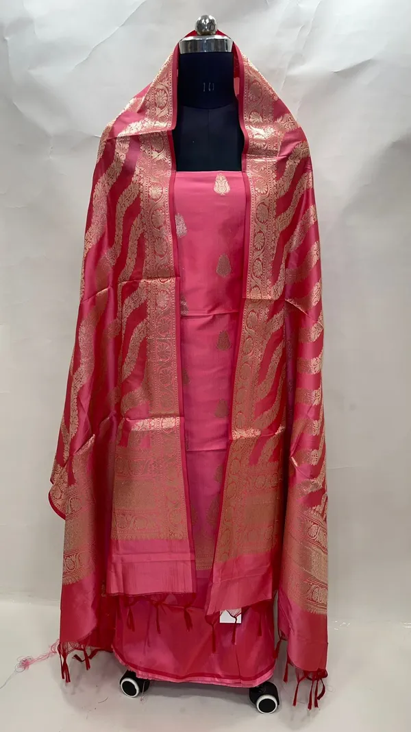Humairah_Present_Pink_Katan_Silk__Golden_Zari_Booti_3pcs_Suit_Set_accompanied_with_Plain_Bottom_&_Pink_Golden_Lehariya_Stripe_Katan_Silk_Dupatta