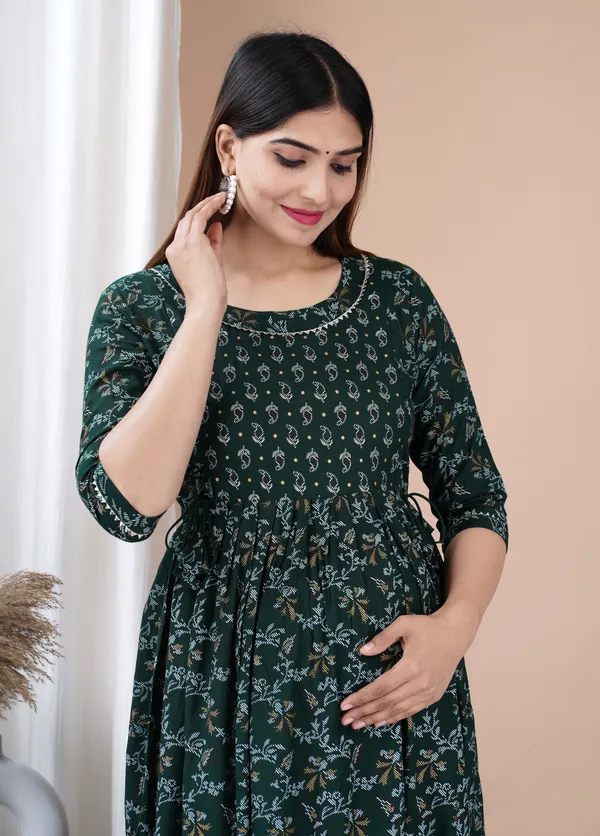 Dark_Green_Printed_Pure_Cotton_Rayon_Anarkali_Maternity_Kurta