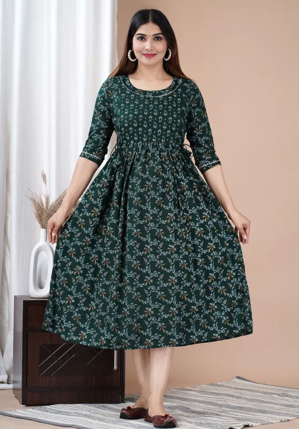 Dark_Green_Printed_Pure_Cotton_Rayon_Anarkali_Maternity_Kurta