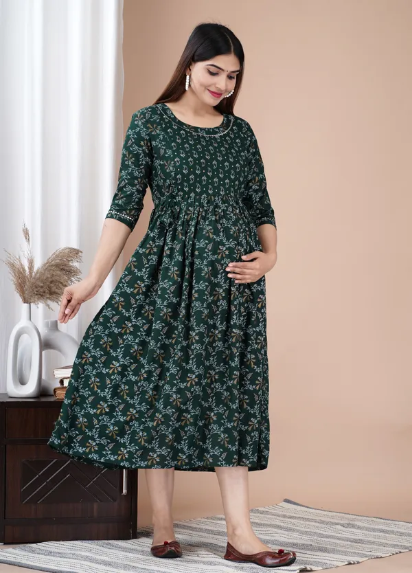 Dark_Green_Printed_Pure_Cotton_Rayon_Anarkali_Maternity_Kurta