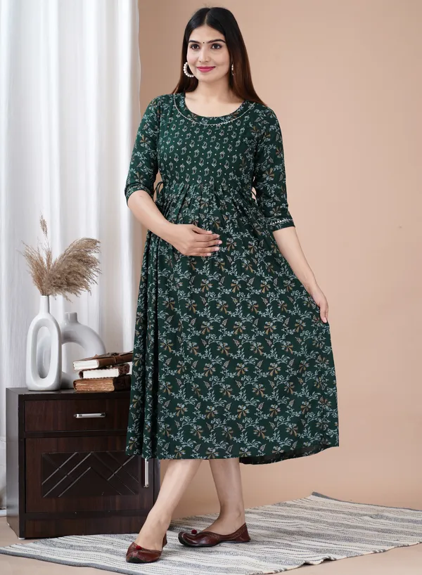 Dark_Green_Printed_Pure_Cotton_Rayon_Anarkali_Maternity_Kurta