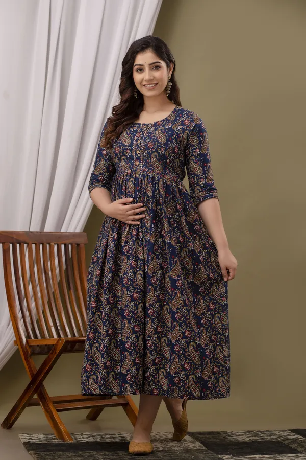 Blue_Printed_Pure_Cotton_Rayon_Anarkali_Maternity_Kurta
