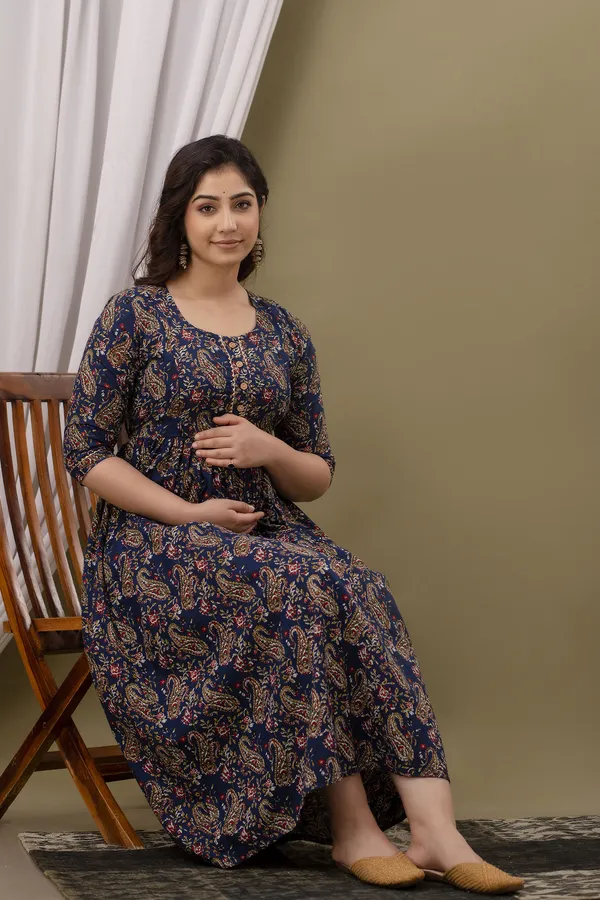 Blue_Printed_Pure_Cotton_Rayon_Anarkali_Maternity_Kurta