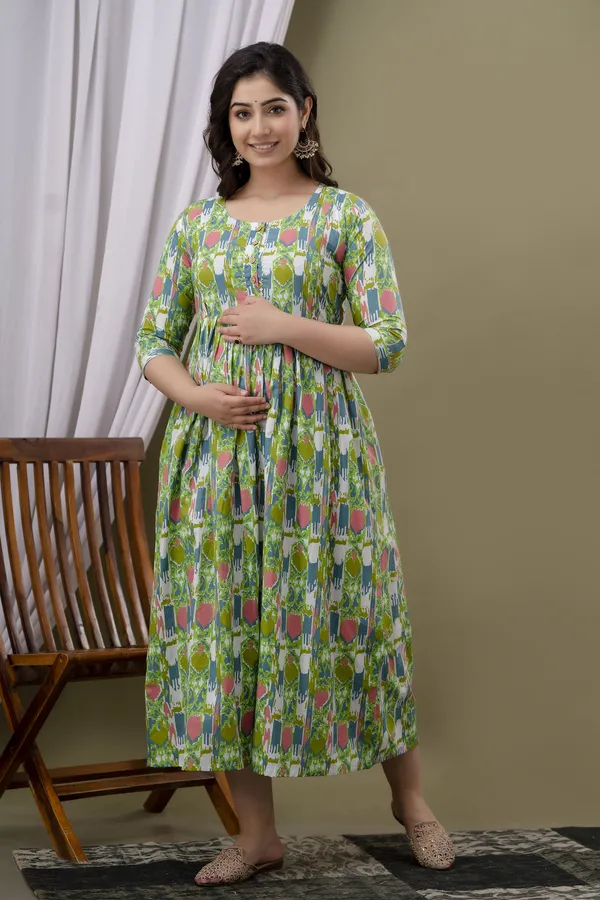 Green_Printed_Pure_Cotton_Rayon_Anarkali_Maternity_Kurta