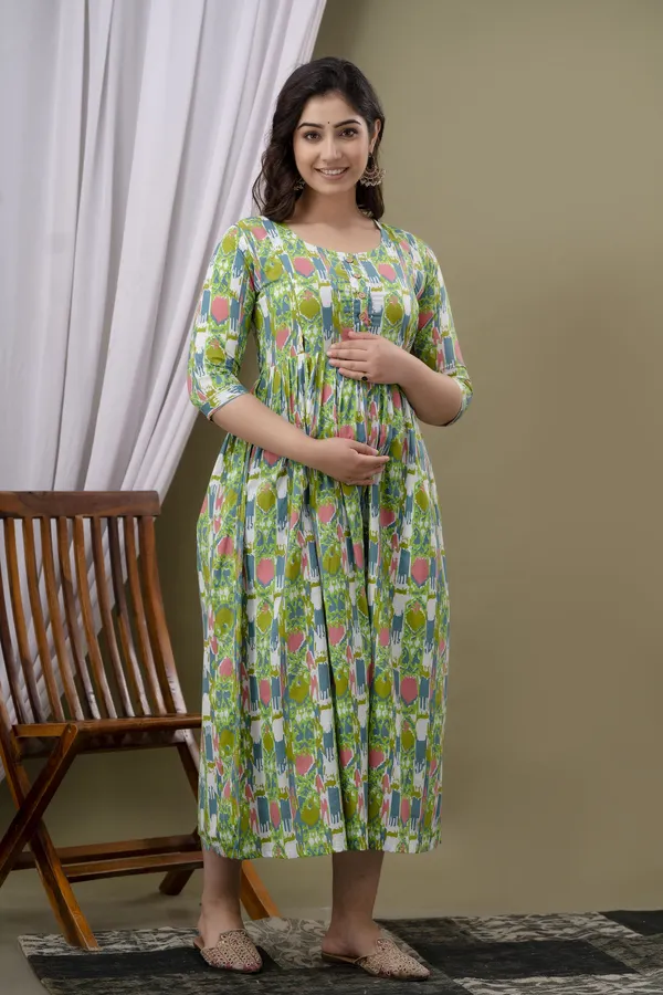 Green_Printed_Pure_Cotton_Rayon_Anarkali_Maternity_Kurta