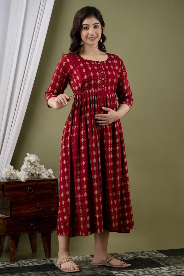 Maroon_Printed_Pure_Cotton_Rayon_Anarkali_Maternity_Kurta