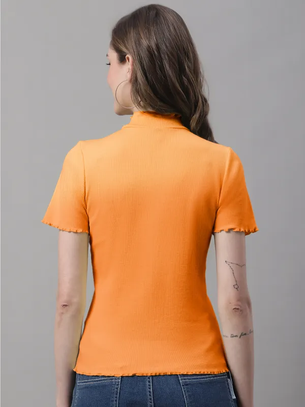 Orange_Cotton_Rib_Turtle_Neck_Regular_Top_For_Women