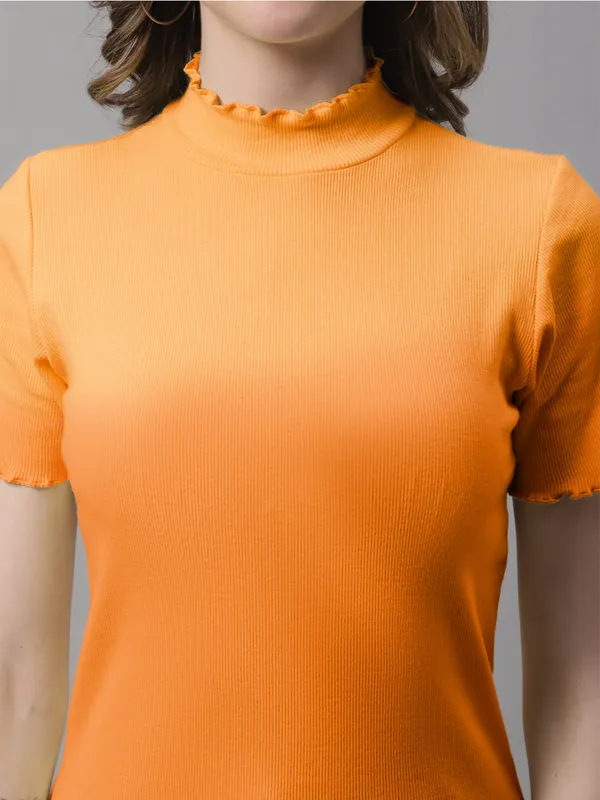 Orange_Cotton_Rib_Turtle_Neck_Regular_Top_For_Women
