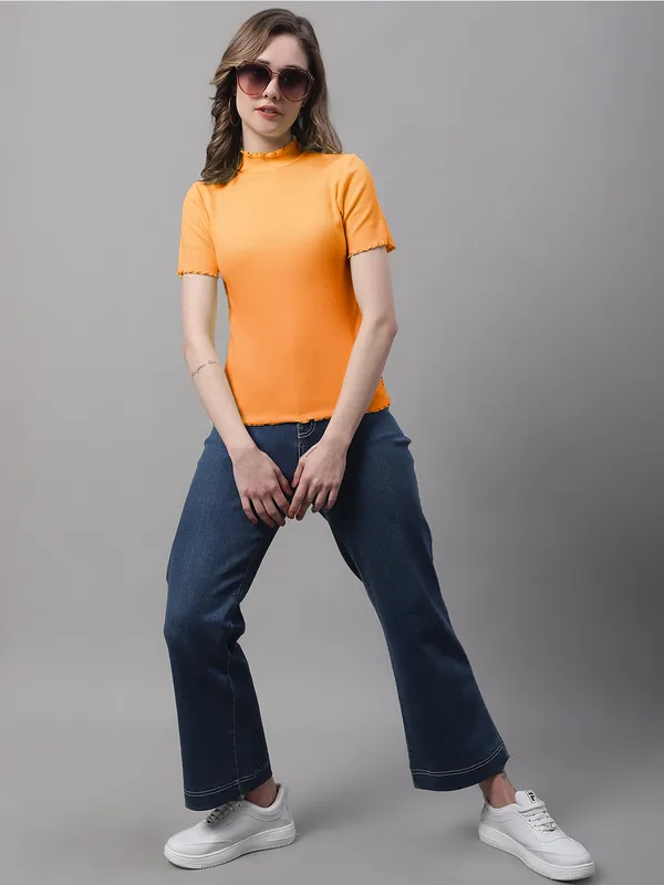 Orange_Cotton_Rib_Turtle_Neck_Regular_Top_For_Women