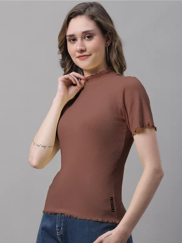 Brown_Cotton_Rib_Turtle_Neck_Regular_Top_For_Women
