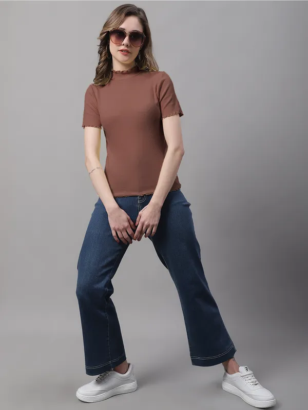 Brown_Cotton_Rib_Turtle_Neck_Regular_Top_For_Women