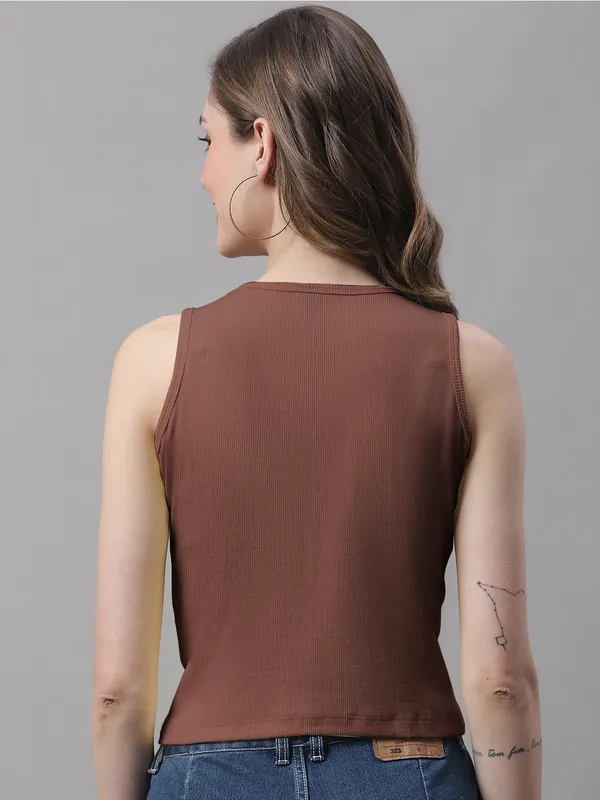 Brown_Cotton_Rib_Round_Neck_Crop_Top_For_Women